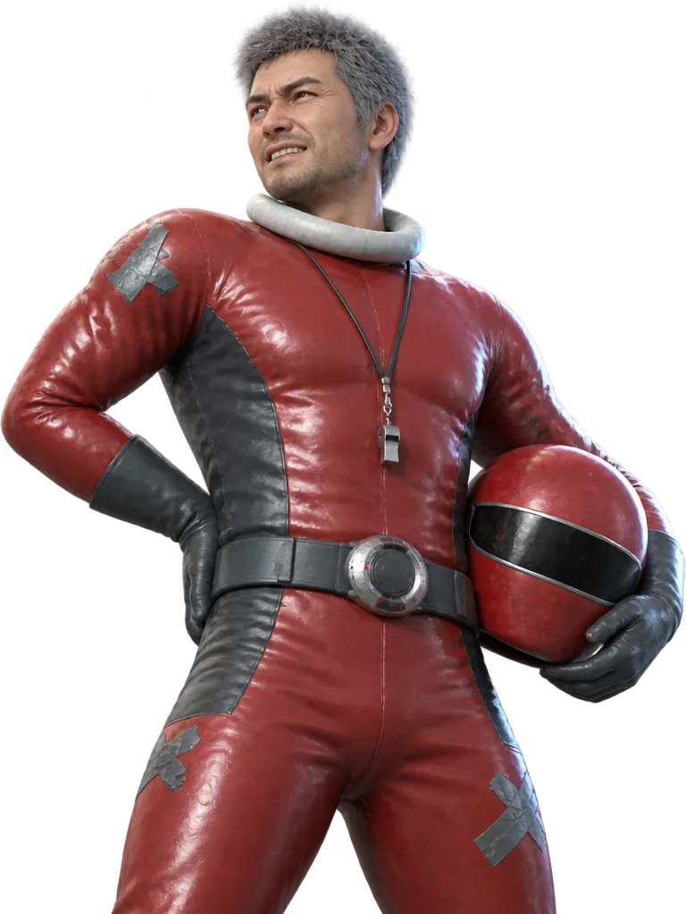 Daisuke Akagi dengan setelan merah, helm dikepit, peluit di leher, satu tangan menahan pinggang sambil menyeringai.