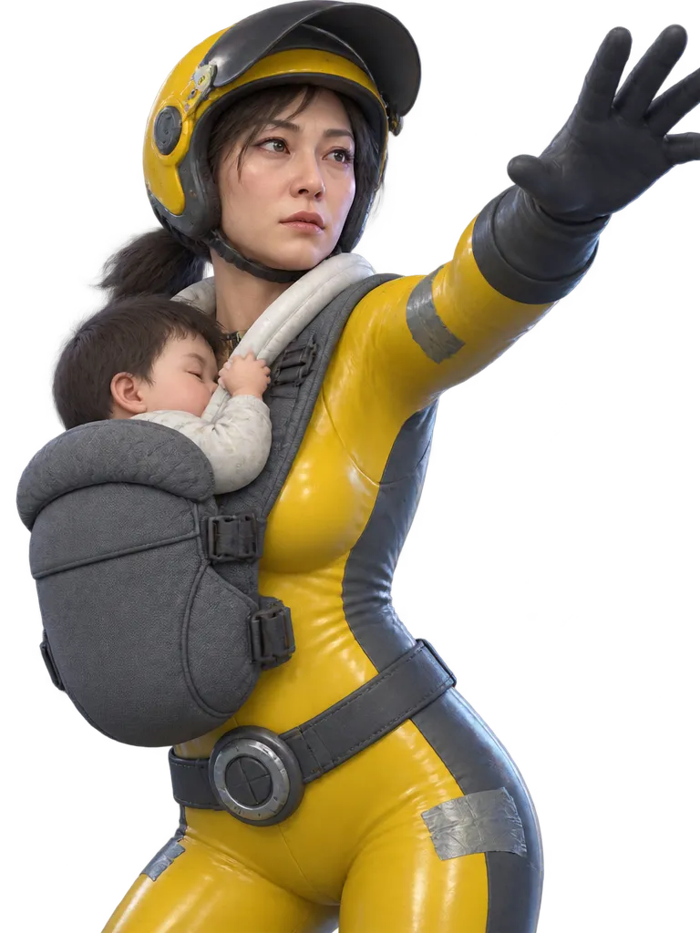 Mei Kiyama dengan setelan kuning dan visor terangkat, bayi tidur di gendongan dada, tangan kanan terulur ke atas.