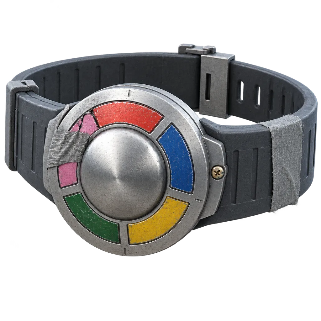 Sabuk Henshin tahun 2003: tali karet hitam, gesper baja bulat dengan satu dial lima segmen warna, satu segmen retak dan bagian tali ditambal lakban abu.