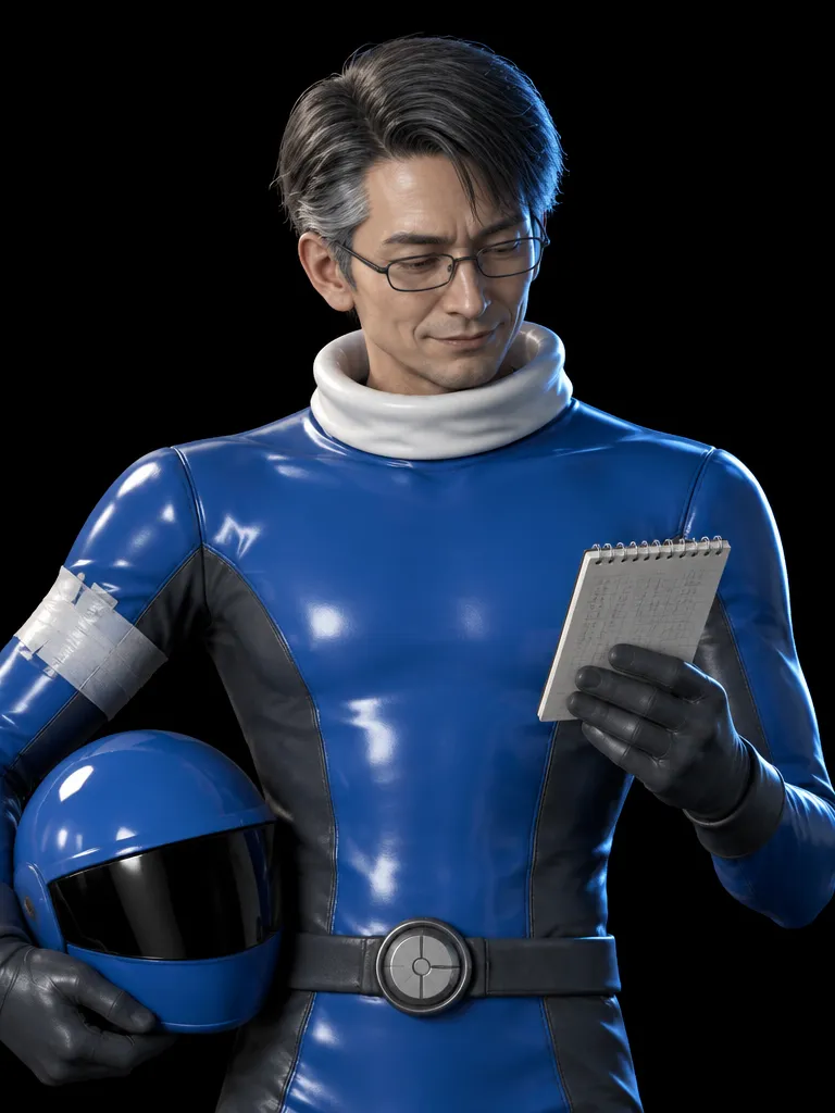 Shun Aoi berkacamata baca, helm biru di pinggang, menunduk membaca buku catatan kecil.